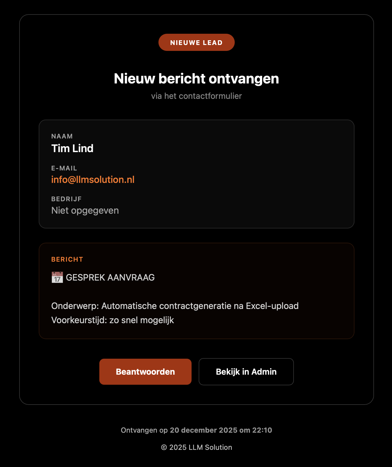 Wij krijgen vervolgens een email binnen met een samenvatting van de wensen van de klant.